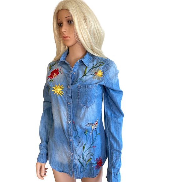 Sinclair Wear Western Denim Flower Shirt Embroidered Cotton Button Down - Picture 16 of 16